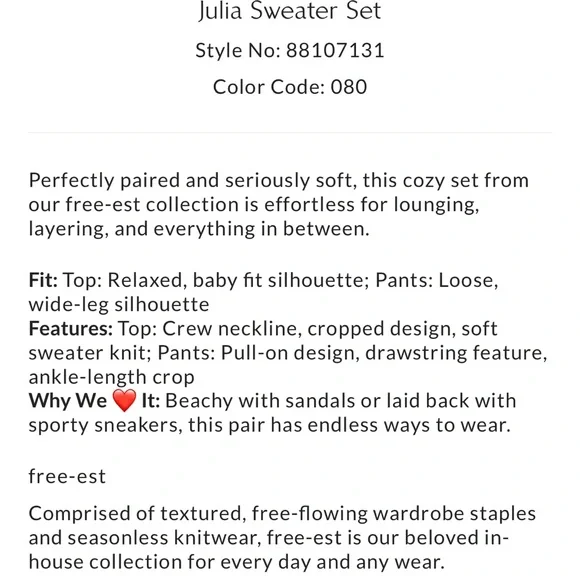 Free People Beach Julia Sweater Set Desert Sun Top Bottoms Pants - Picture 5 of 16